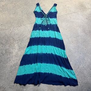 Karina Grimaldi Blue Teal Striped Turquoise Beaded V Neck Maxi Dress Boho Resort